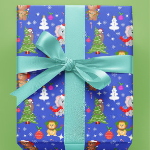 Weihnachts-Zoo-Tiere in Himmelblau Geschenkpapier