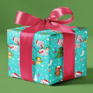 Weihnachts-Zoo-Tiere in Kobalt-Teal Geschenkpapier
