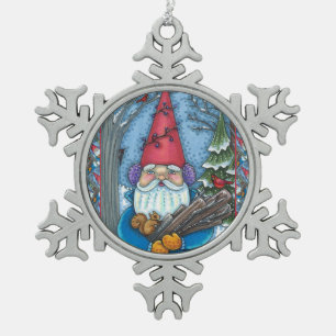 WEIHNACHTS-ZWERG, EICHHÖRNCHEN, SPECHT & KARDINAL SCHNEEFLOCKEN Zinn-Ornament