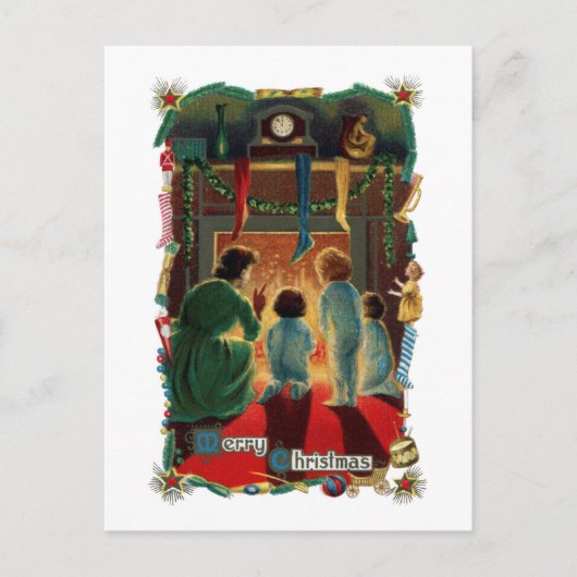 Weihnachtsabend durch das Feuer Feiertagspostkarte (Vorderseite)