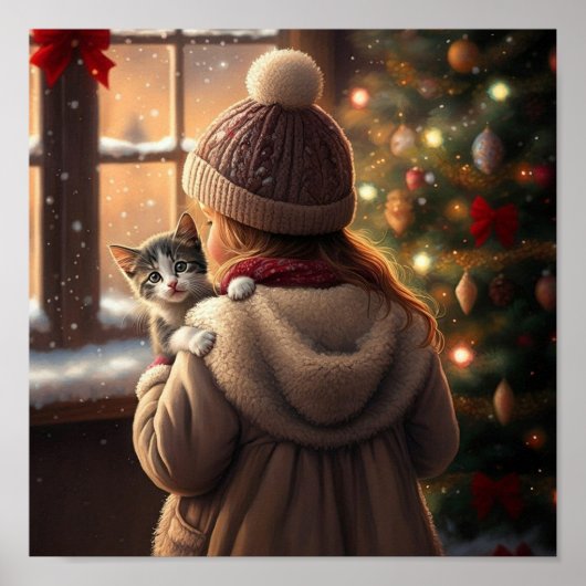 Weihnachtsabend mit Baum und Kätzchen Poster (Vorne)
