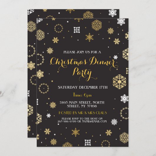 Weihnachtsabend Party Gold Schneeflocken Einladung (Vorne/Hinten)