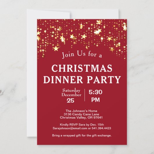 Weihnachtsabend Party Gold Stars Trees Rot Einladung (Vorderseite)