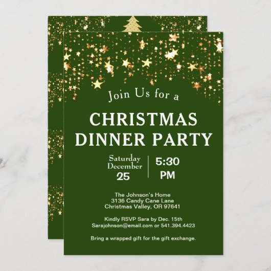 Weihnachtsabend Party Gold Stars Treppen grün Einladung (Vorne/Hinten)