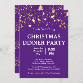 Weihnachtsabend Party Gold Sterne Bäume Lila Einladung
