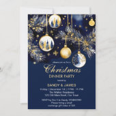 Weihnachtsabend Party Gold und marineblaue Baubles Einladung (Vorderseite)