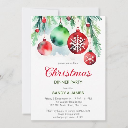 Weihnachtsabend Party Rot-Grün Baubles Einladung (Vorderseite)
