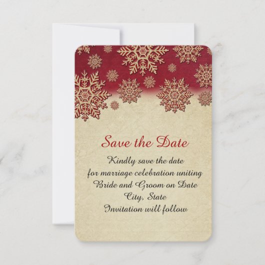 Weihnachtsabend Rote Schneeflocken Save the Date (Vorderseite)