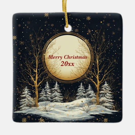Weihnachtsabend Vollmond Pine Tree Schnee Keramikornament (Vorderseite)