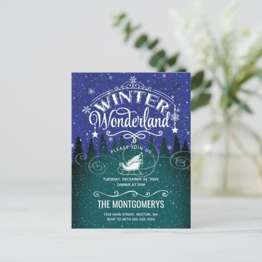 Weihnachtsabend Winter Wunderland Script einladen Postkarte (Stehend Vorderseite)