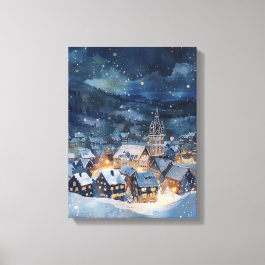 Weihnachtsabenddorf im Schnee Leinwanddruck (Vorderseite)