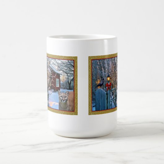Weihnachtsabends-Besucher (Puma und Krähe) Kaffeetasse (Mittel)