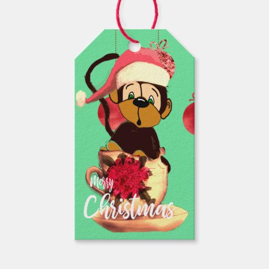 Weihnachtsaffen Niedlicher grüner Roter Name Geschenkanhänger (Vorderseite)