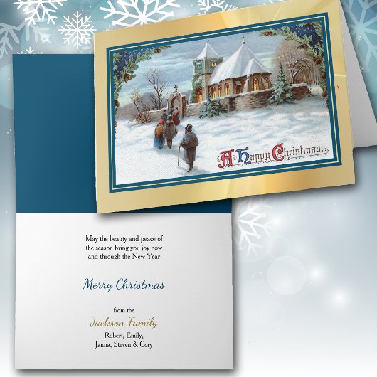 Weihnachtsanbeter gehen Vintag zur Kirche Karte