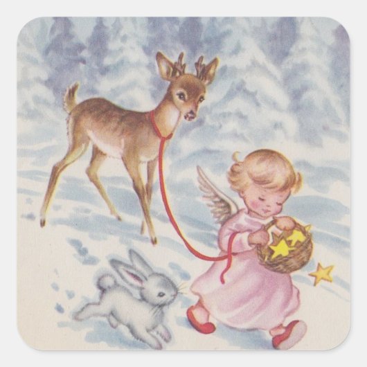 Weihnachtsangel Deer und Bunny Quadratischer Aufkleber (Vorderseite)