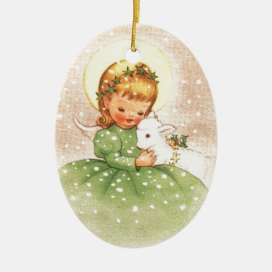 Weihnachtsangel Mädchen mit Baby Lamm Keramik Ornament (Vorne)