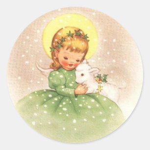 Weihnachtsangel Mädchen mit Baby Lamm Runder Aufkleber