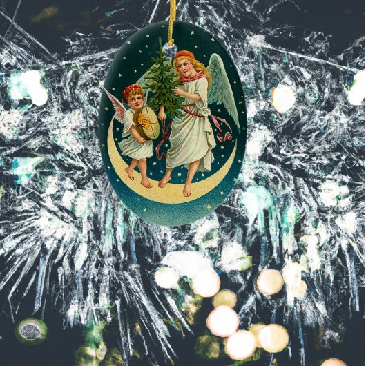 WeihnachtsAngeln auf dem Mond Keramikornament