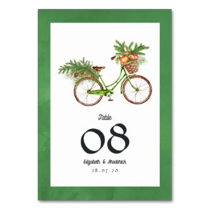 Weihnachtsäpfel und Kiefern Fahrrad Winterhochzeit Tischnummer
