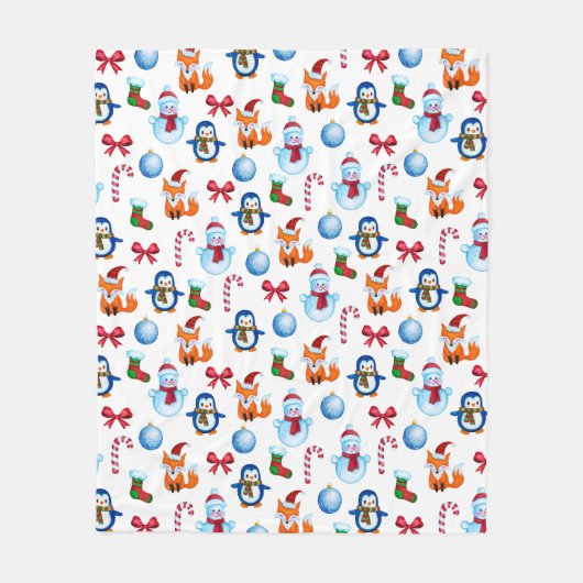 WeihnachtsAquarell-Pinguin-Schneemannfox-Muster Fleecedecke (Vorderseite)