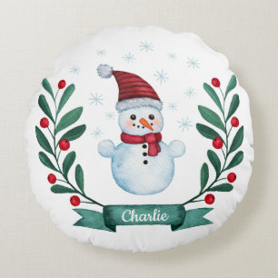 WeihnachtsAquarell-Schneemann-Gewohnheit Rundes Kissen