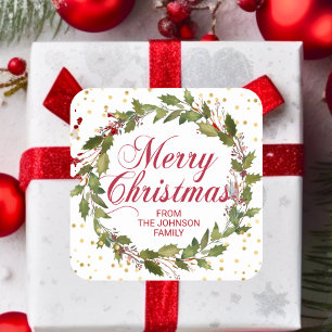 WeihnachtsAquarell-Stechpalmen-Kranz-Goldrotes Quadratischer Aufkleber