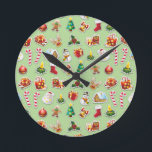 Weihnachtsaufkleber-festliches Muster Runde Wanduhr<br><div class="desc">Niedliche Chritsmas Aufkleber Symbole,  wie Sankt,  Snowman,  Kerzen,  Weihnachtsbaum,  Zuckerrohr,  Ren und andere,  ursprünglich geschaffen auf Technik der vektorgrafischen Kunst und dann zusammengebaut,  um ein niedliches und festliches Weihnachtsfeiertagsmuster zu verfassen. Copyright BluedarkArt.</div>