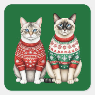 Weihnachtsaufkleber für Katzen, Tabby und Siamkatz Quadratischer Aufkleber
