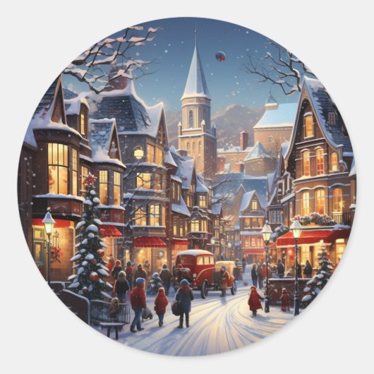 Weihnachtsaufkleber in der Winterstadt Runder Aufkleber (Vorderseite)