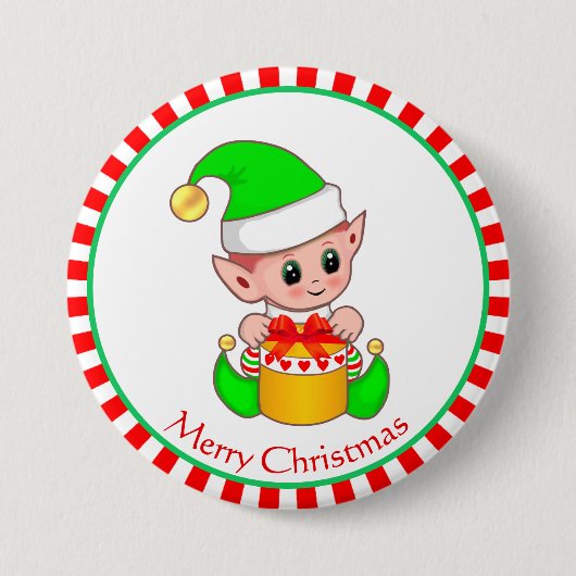 Weihnachtsbaby-Elf und Geschenkbox Button (Vorderseite)