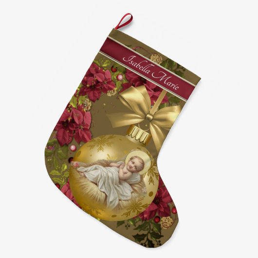 Weihnachtsbaby-Jesus-Goldverzierung mit Blumen Großer Weihnachtsstrumpf (Vorderansicht (hängend))