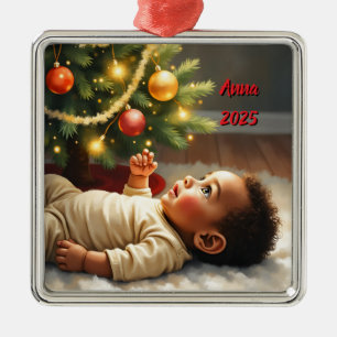 Weihnachtsbaby unter dem Baum Szene Ornament Aus Metall