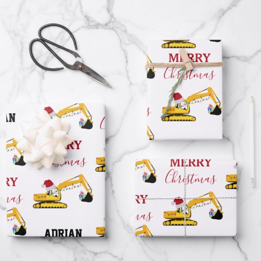 Weihnachtsbagger Individuelle Name Geschenkpapier Set (Vorderseite)