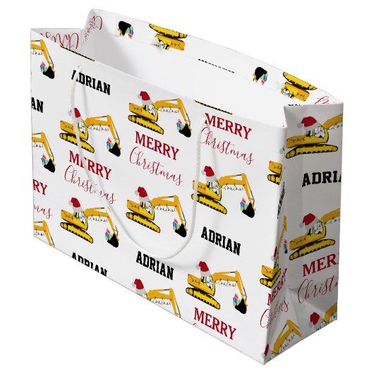Weihnachtsbagger Individuelle Name Große Geschenktüte (Rückseite Schrägansicht)