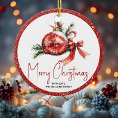 Weihnachtsball mit rotem Bogen und Tannenzweigen Keramik Ornament