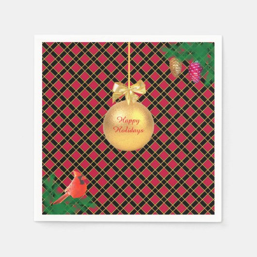 Weihnachtsball, Vogel, Kiefernzapfen auf schwarz & Serviette (Vorderseite)