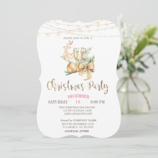 Weihnachtsball, Weinglas, Lichter Gold Weihnachten Einladung (Stehend Vorderseite)