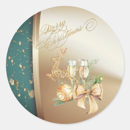 Weihnachtsball, Weinglas, Rentiere, Bow Runder Aufkleber (Vorderseite)