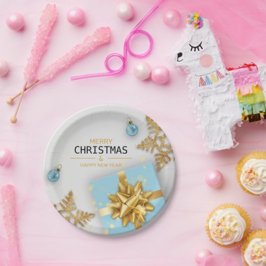 Weihnachtsbälle Blaue Geschenkboxen Gold Schneeflo Pappteller (Party)