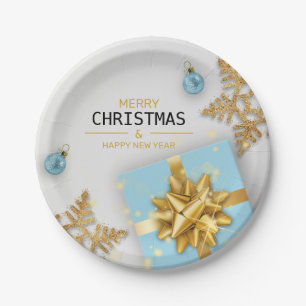 Weihnachtsbälle Blaue Geschenkboxen Gold Schneeflo Pappteller
