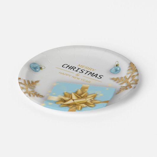 Weihnachtsbälle Blaue Geschenkboxen Gold Schneeflo Pappteller (Schrägansicht)