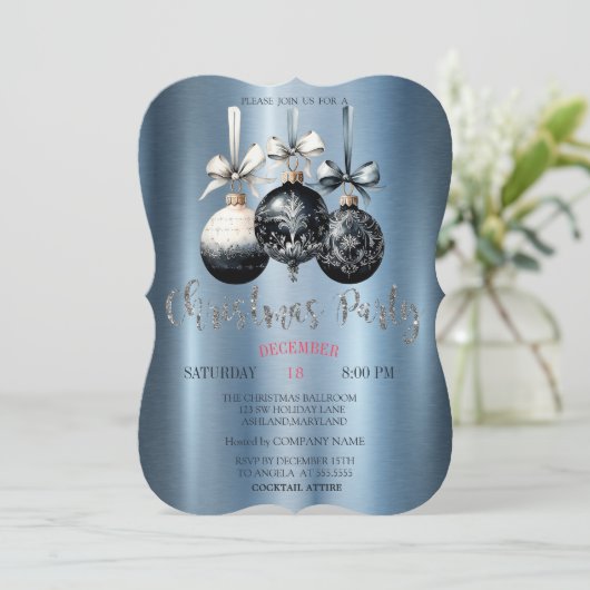 Weihnachtsbälle, Blue Metallic Company Party Einladung (Stehend Vorderseite)