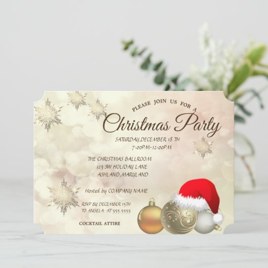 Weihnachtsbälle, Bokeh, Weihnachtsmannmütze Party Einladung (Stehend Vorderseite)