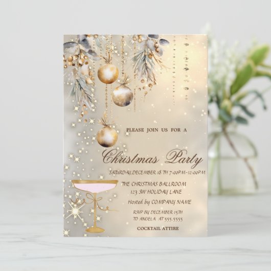 Weihnachtsbälle Gold Glass Party Einladung (Stehend Vorderseite)