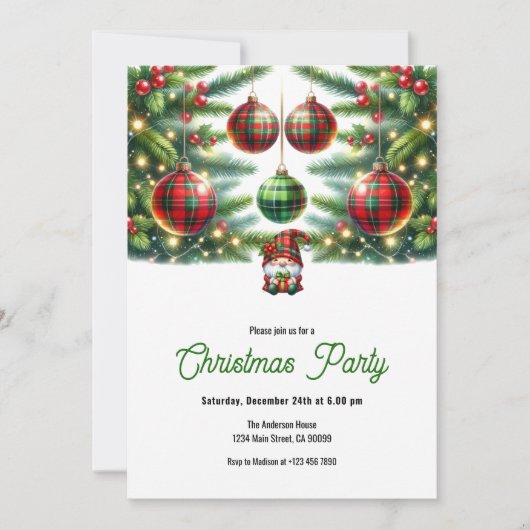 Weihnachtsbälle grün und rot Kariert Einladung (Vorderseite)