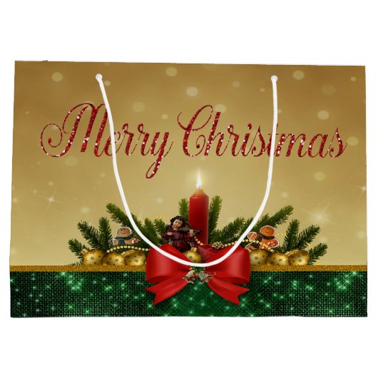 Weihnachtsbälle, Kerze, Frohe Weihnachten Große Geschenktüte (Rückseite)