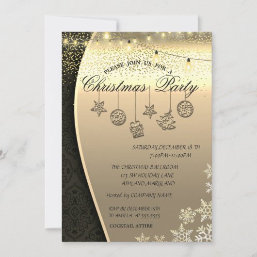 Weihnachtsbälle, Lichter Damaske Gold Weihnachtsge Einladung (Vorderseite)