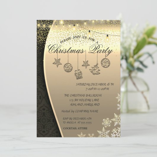 Weihnachtsbälle, Lichter Damaske Gold Weihnachtsge Einladung (Stehend Vorderseite)