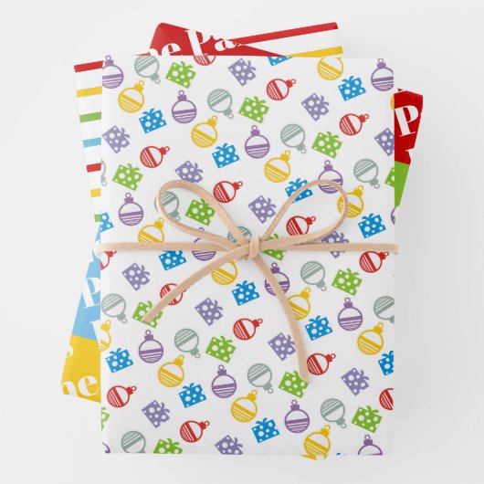 Weihnachtsbälle Muster, Streifen und Name Urlaub Geschenkpapier Set (Beispiel)