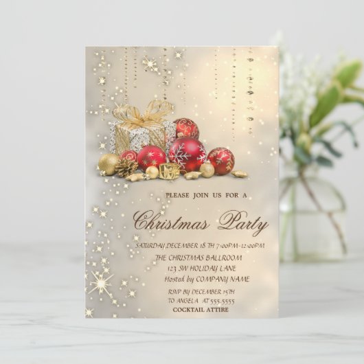 Weihnachtsbälle präsentiert Gold Weihnachten Party Einladung (Stehend Vorderseite)